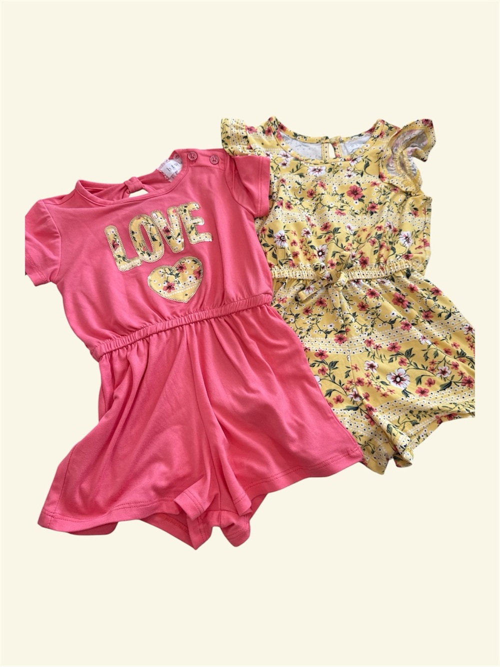 btween Pink and Yellow Girls' Romper Set - Floral & 'LOVE' Designs